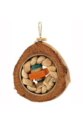 Deze Coco Eclipse Large heeft als basis een dikke schijf van kokosnoot met in het centrum een ring van gevlochten bladeren en gekleurde blokken hout om aan te knagen.