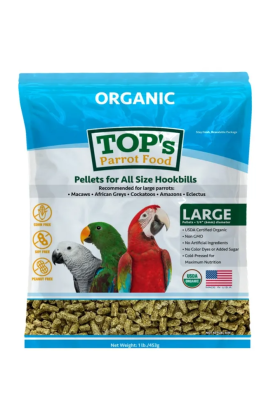  TOP's Parrot Pellets Large ™ zijn USDA biologisch gecertificeerd en perfect voor papegaaien van alle groottes, van ara's tot grasparkieten. Deze kenmerkende, gepatenteerde pellets, met een diameter van ongeveer een halve centimeter, zijn gemaakt met alle