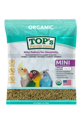 TOP's Parrot Pellets Mini™ zijn USDA biologisch gecertificeerd en perfect voor kleinere soorten zoals grasparkieten, valkparkieten en agaporniden.