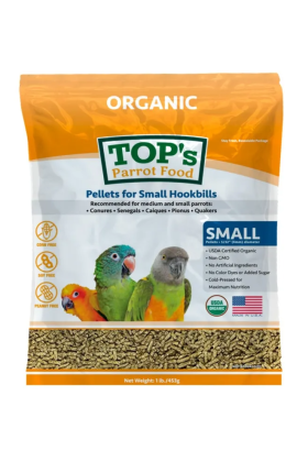 TOP's Parrot Pellets Small™ zijn USDA biologisch gecertificeerd en perfect voor kleinere papegaaien- en parkietensoorten zoals grasparkieten, valkparkieten, groot parkieten, agaporniden, quakers en lories.