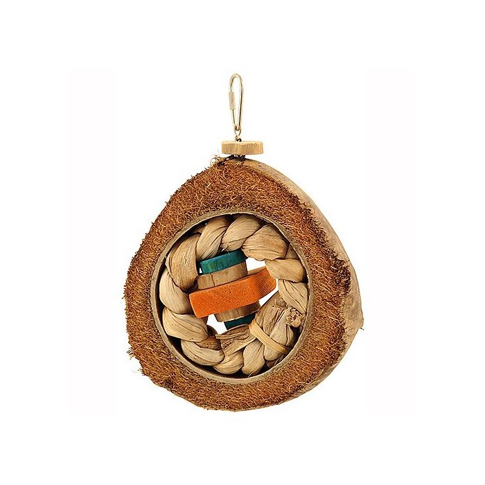 Deze Coco Eclipse Large heeft als basis een dikke schijf van kokosnoot met in het centrum een ring van gevlochten bladeren en gekleurde blokken hout om aan te knagen.