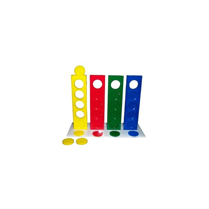 The Power Game Large is een behendigheidsspel dat kennis van getallen en kleuren vereist.Het spel bestaat uit 4 kolommen (rood, blauw, geel en groen). 4 Reeks gekleurde munten en een wit speelbord dat wordt gebruikt om de kolommen op hun plaats te hou