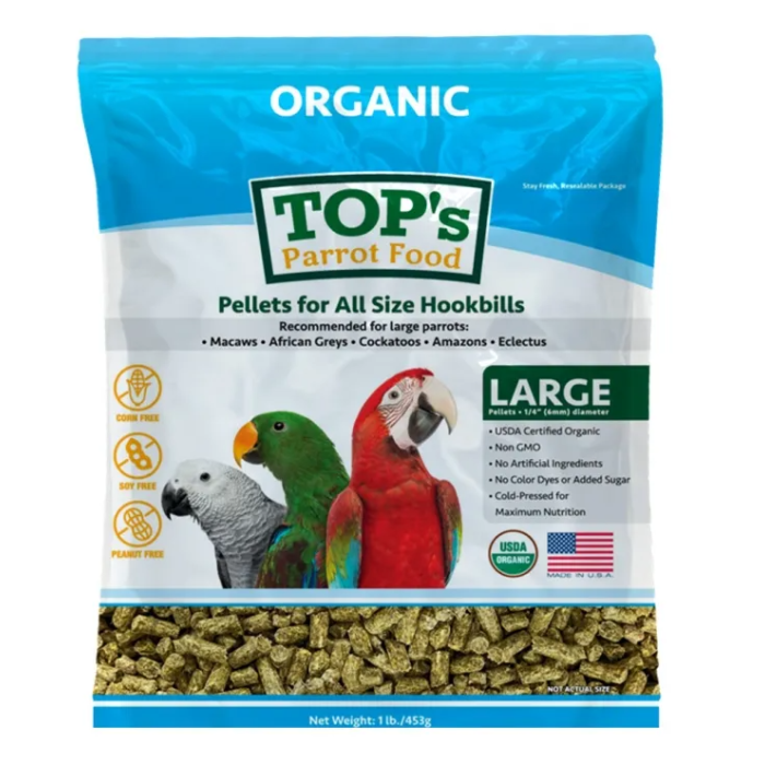 TOP's Parrot Pellets Large ™ zijn USDA biologisch gecertificeerd en perfect voor papegaaien van alle groottes, van ara's tot grasparkieten.