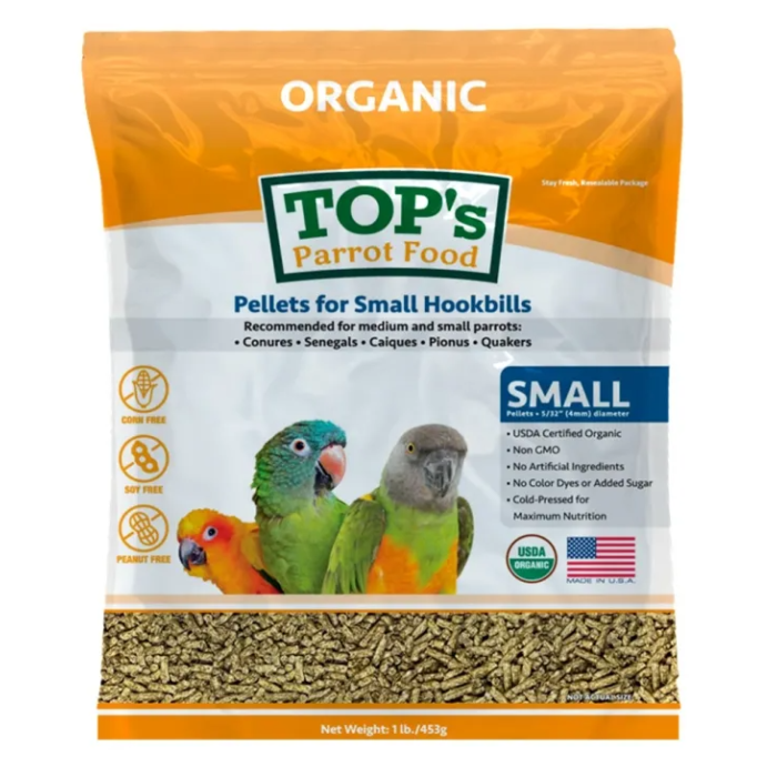 TOP's Parrot Pellets Small™ zijn USDA biologisch gecertificeerd en perfect voor kleinere papegaaien- en parkietensoorten zoals grasparkieten, valkparkieten, groot parkieten, agaporniden, quakers en lories.