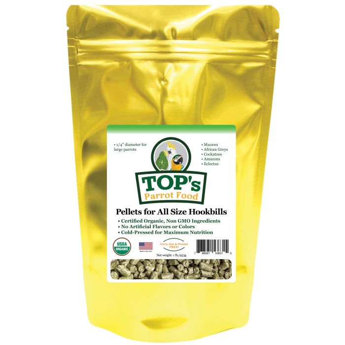 <p>TOP's Parrot Pellets Large ™ zijn USDA biologisch gecertificeerd en perfect voor papegaaien van alle groottes, van ara's tot grasparkieten.</p>
<p>Deze kenmerkende, gepatenteerde pellets, met een diameter van ongeveer een halve centimeter, zijn gemaak